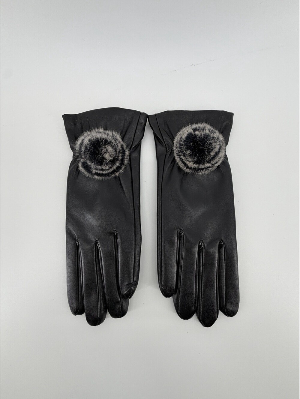 Vintage Black Faux Leather Gloves Real Rabbit Fur Pom Pom Winter Gloves MED